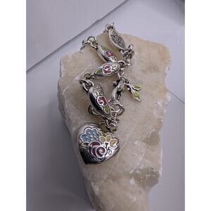 Brighton Floral Heart Charm Bracelet Silver Tone Enamel 7.5 Inch reversible